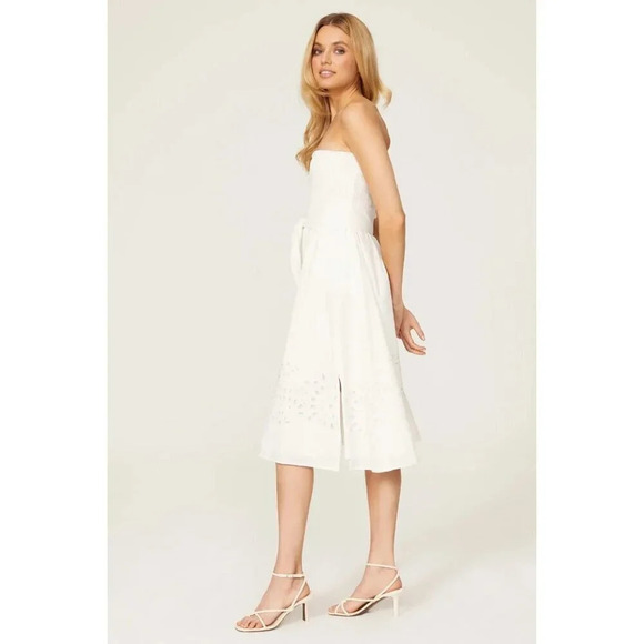 Thakoon Collective Eyelet Tie Waist Dress in White 4 Womens Strapless Cotton Mid - Picture 3 of 11